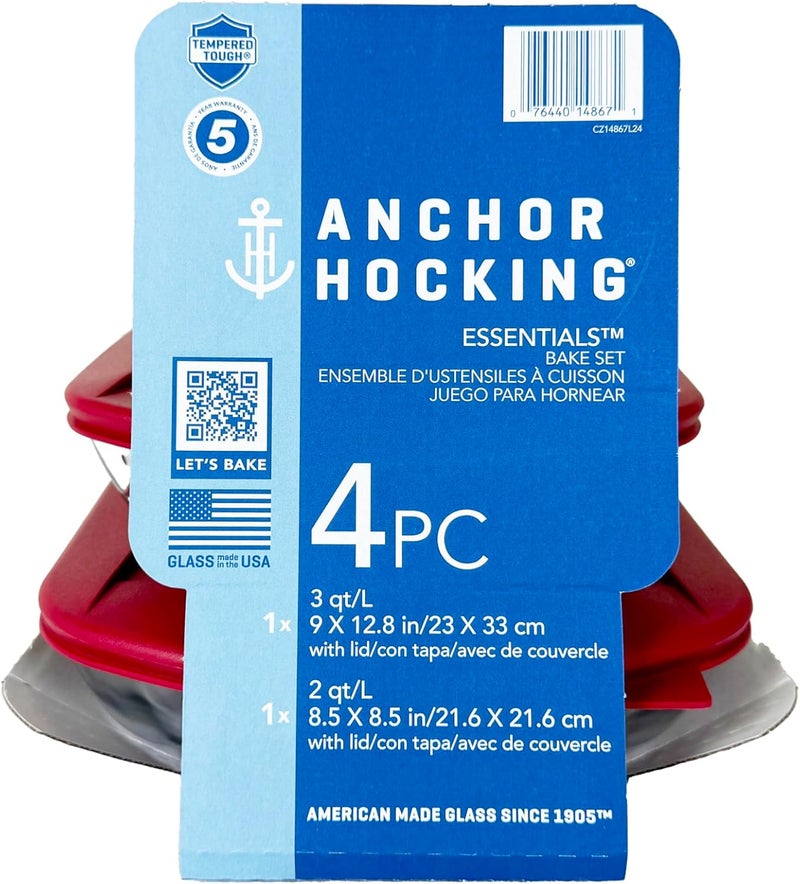 Anchor Hocking 4-Piece Essential 2 L + 3 L Bakeware Set with Lids made of Tempered Glass, Oven Safe, Heat Proof, BPA Free - Image 4